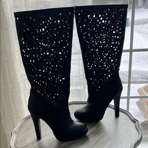 Colin Stuart leather Black Cutout Knee-High tall platform heeled Boots size 7